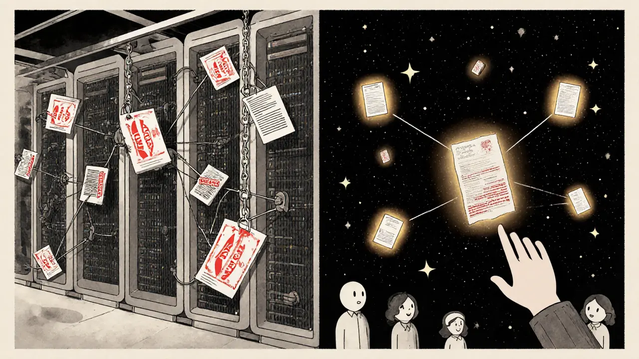Split scene: corporate servers chaining posts vs. decentralized nodes glowing like lanterns in space.