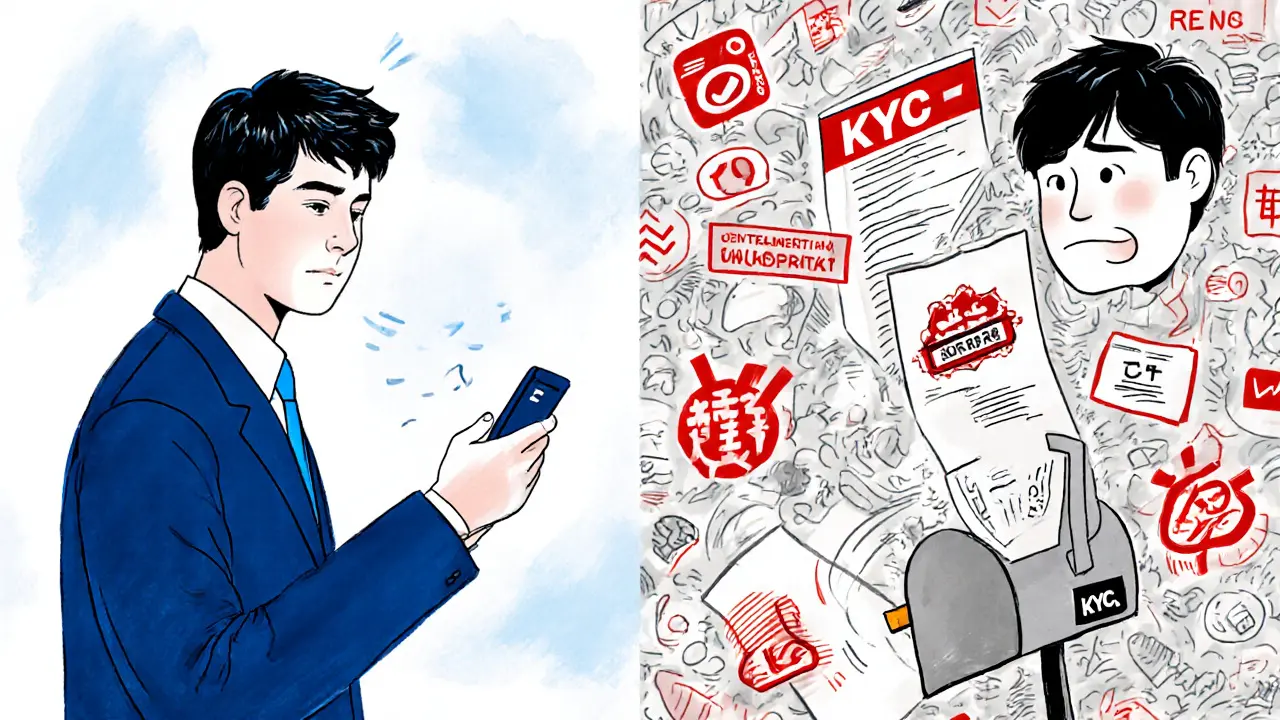 Split scene: Korean user calmly using COREDAX app vs. international user confused by untranslated Korean interface.