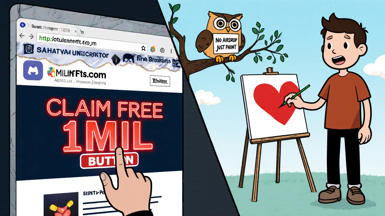 Split scene: left shows a fake airdrop website, right shows a user painting a real pixel on 1MlnNFTs.com.