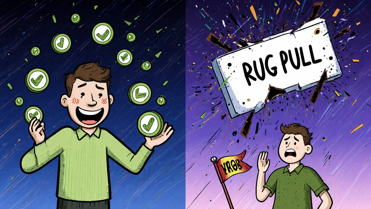 Split scene: one trader smiles while swapping tokens, another panics as a &#039;RUG PULL&#039; sign falls from the sky.