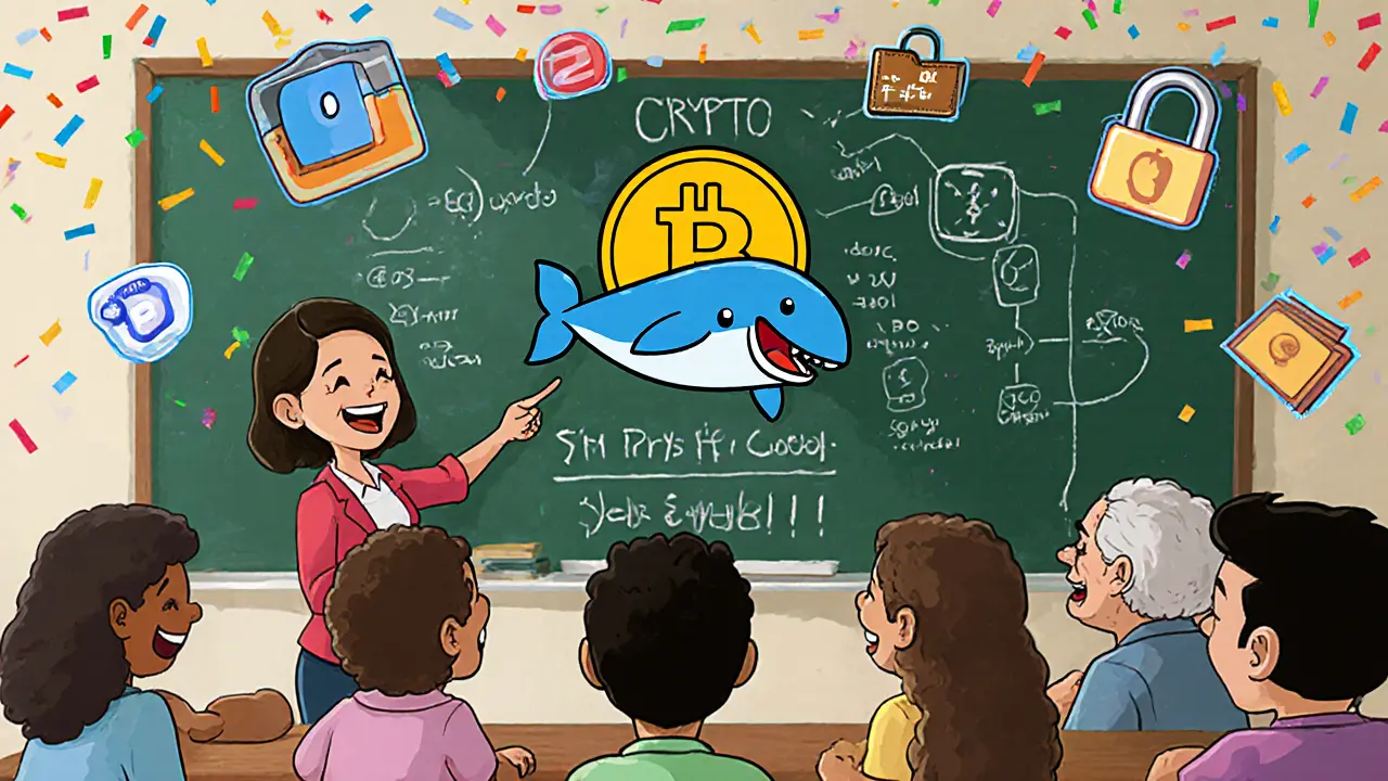 Students and elders learning crypto in a colorful classroom, with a Bitcoin whale and educational icons floating around.
