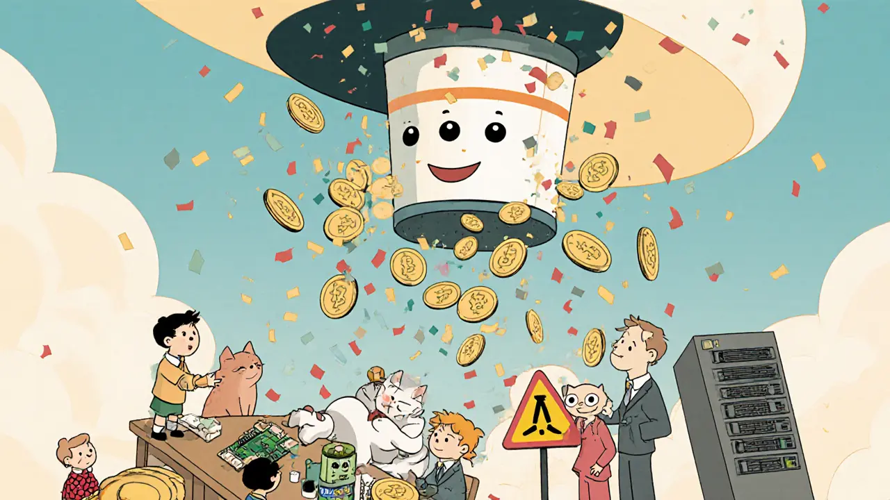 Tiny characters delegating crypto tokens to a giant validator hub as reward coins rain down in a whimsical sky.