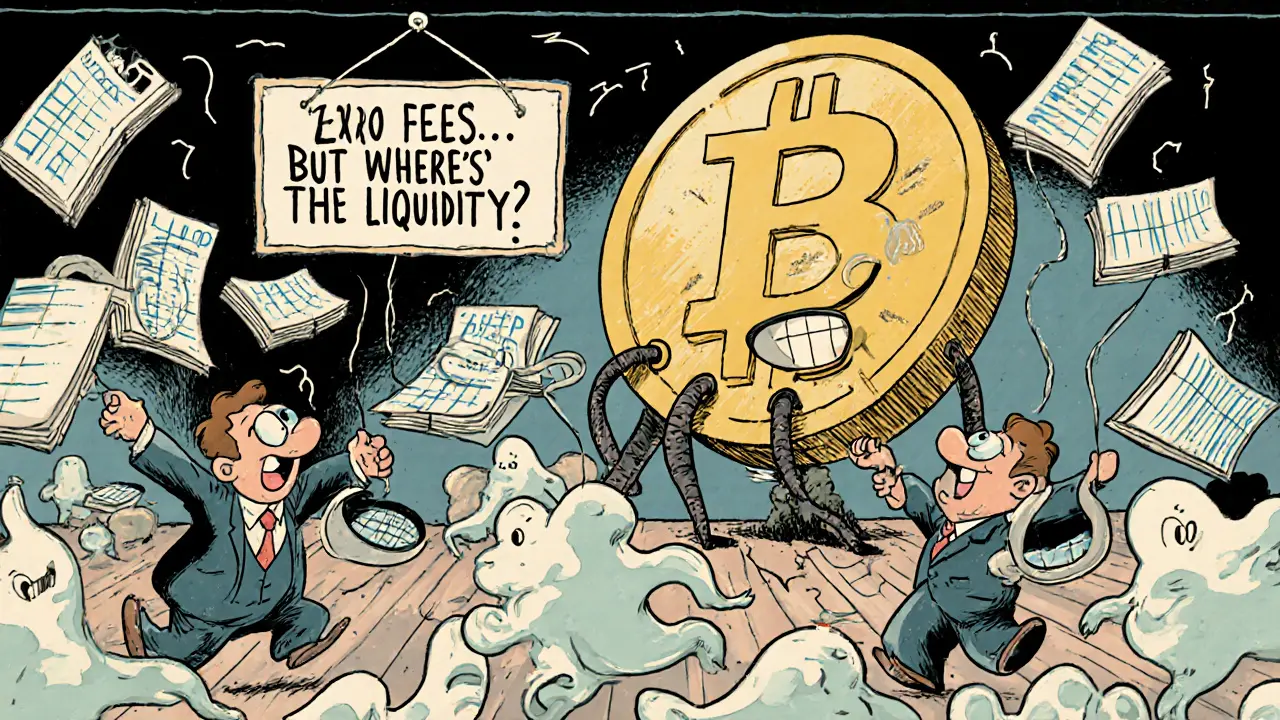 Traders chasing ghostly order books while a giant DGTX token controls the scene with spider legs.