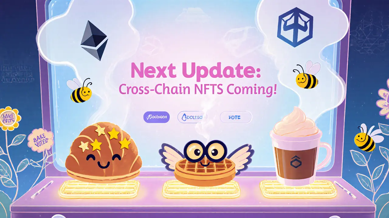 Users staking food-themed NFTs in a digital bakery, with cross-chain upgrade signs glowing in the background.