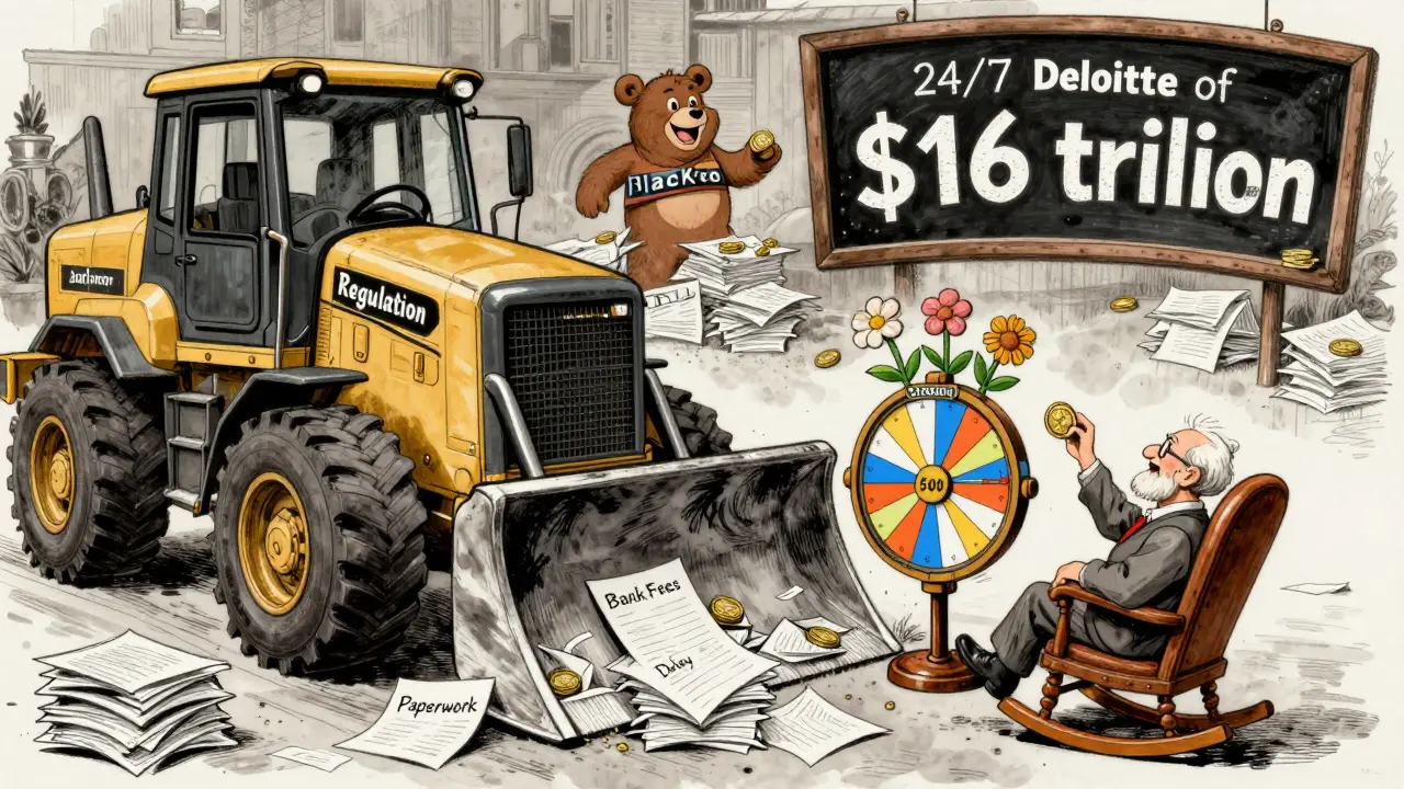 A bulldozer crushing paperwork as a retiree tosses a token into a liquidity wheel, cartoon style.