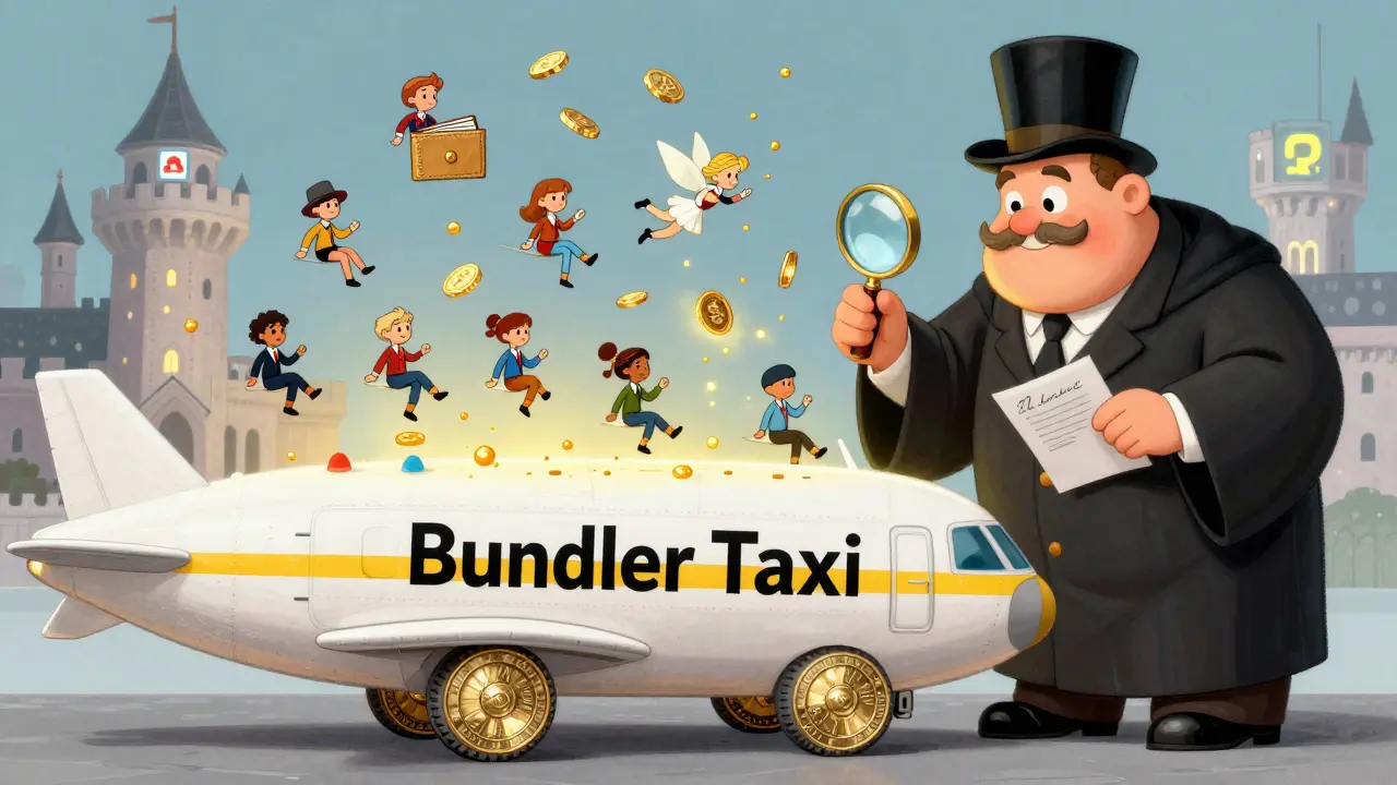 A cartoon bundler taxi collects user operations while a paymaster fairy sprinkles gas coins.