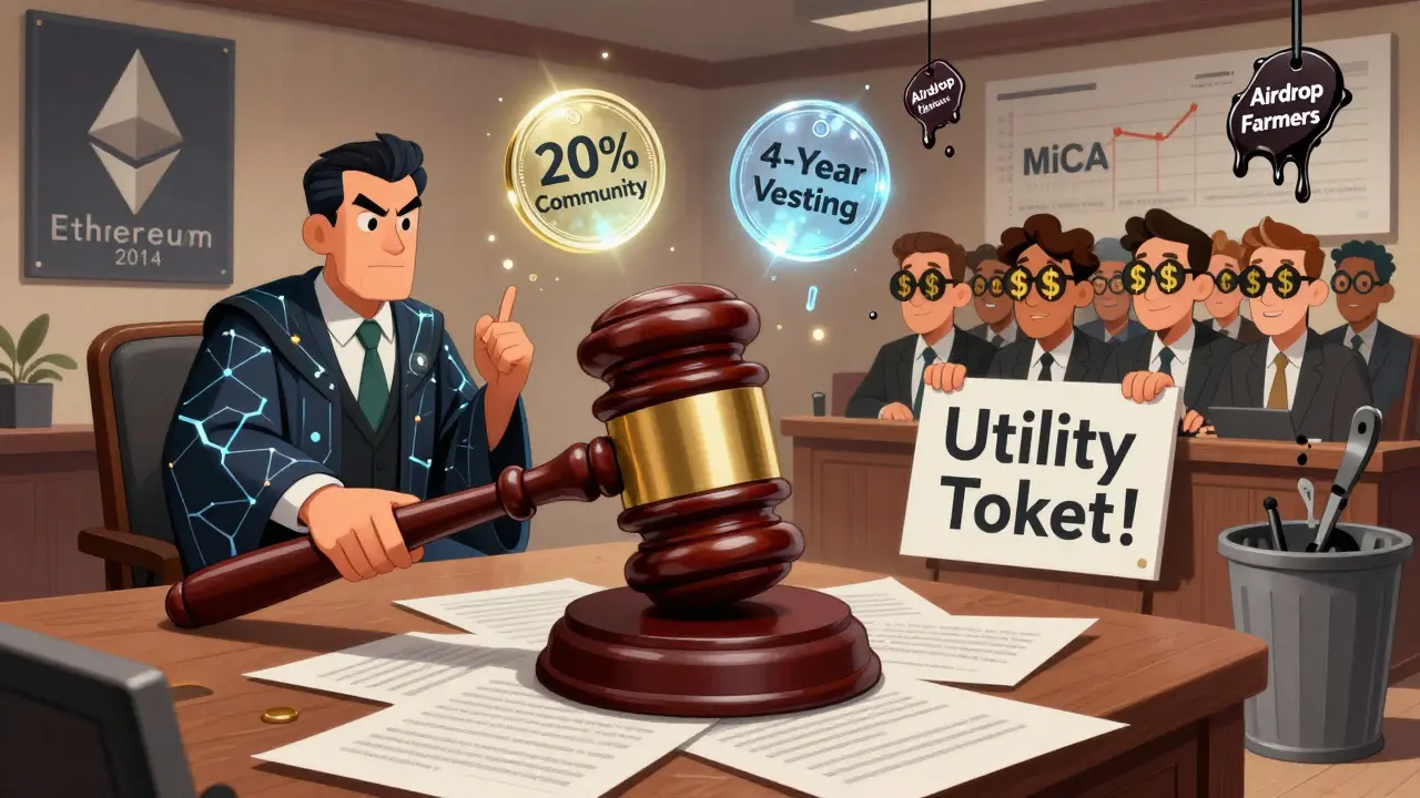 A cartoon courtroom where SAFT contracts are judged, with compliant tokens shining above collapsing illegal ones.