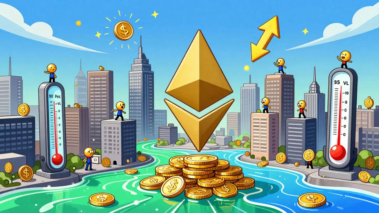 A city made of smart contracts pulses with token movements, TVL meters rising, and stablecoin rivers flowing.