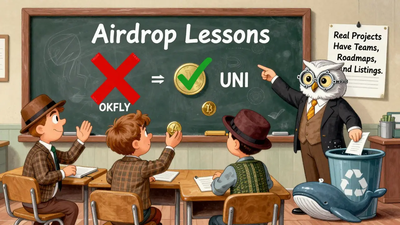 A classroom of crypto learners learning from a wise owl, with OKFLY marked as a failed project.