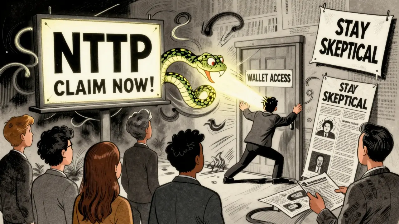 A crowd rejects a hissing NFTP billboard and closes their wallet access door in cartoon style.