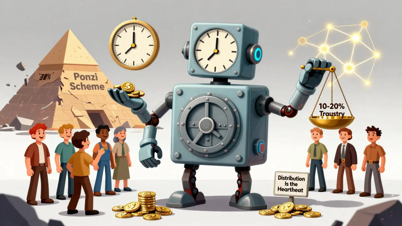 A friendly robot distributing tokens to community members, with treasury vaults and vesting clocks in the background.
