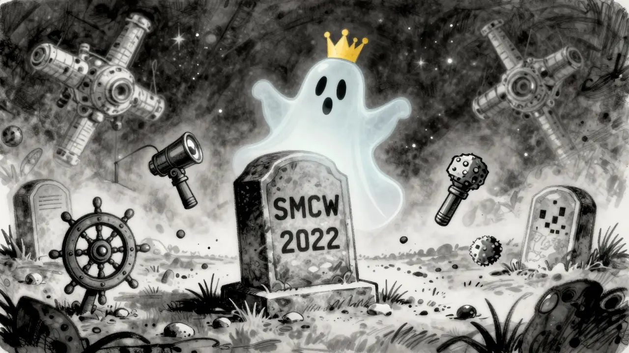 A ghostly CROWN token hovers over a digital tombstone in a forgotten space graveyard.