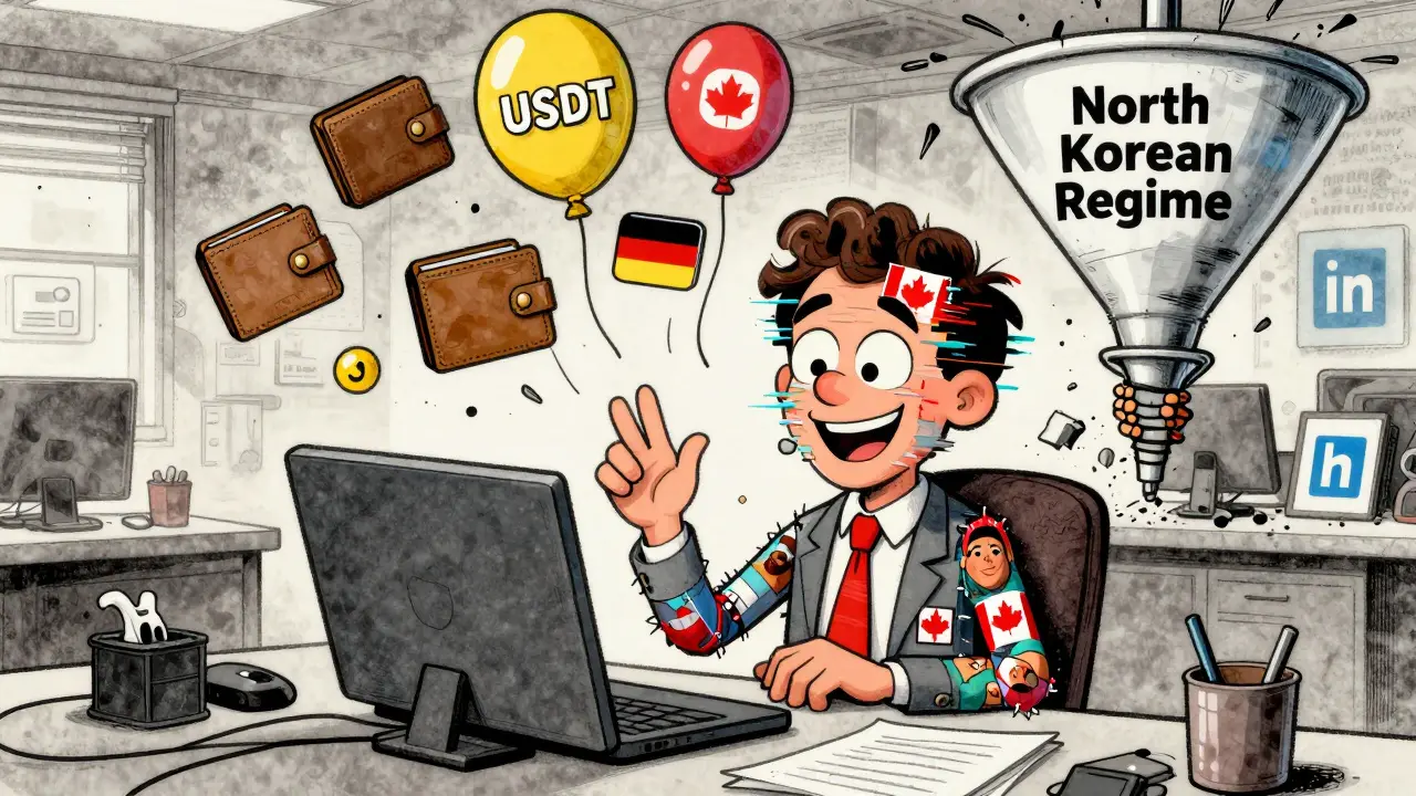 A glitching deepfake developer on Zoom, with multiple faces and crypto wallets floating toward a regime funnel in classic Fleischer style.