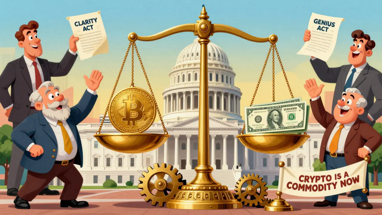 A golden scale balances Bitcoin against a Treasury bill in front of a federal building, with citizens and bankers handing in new crypto laws.