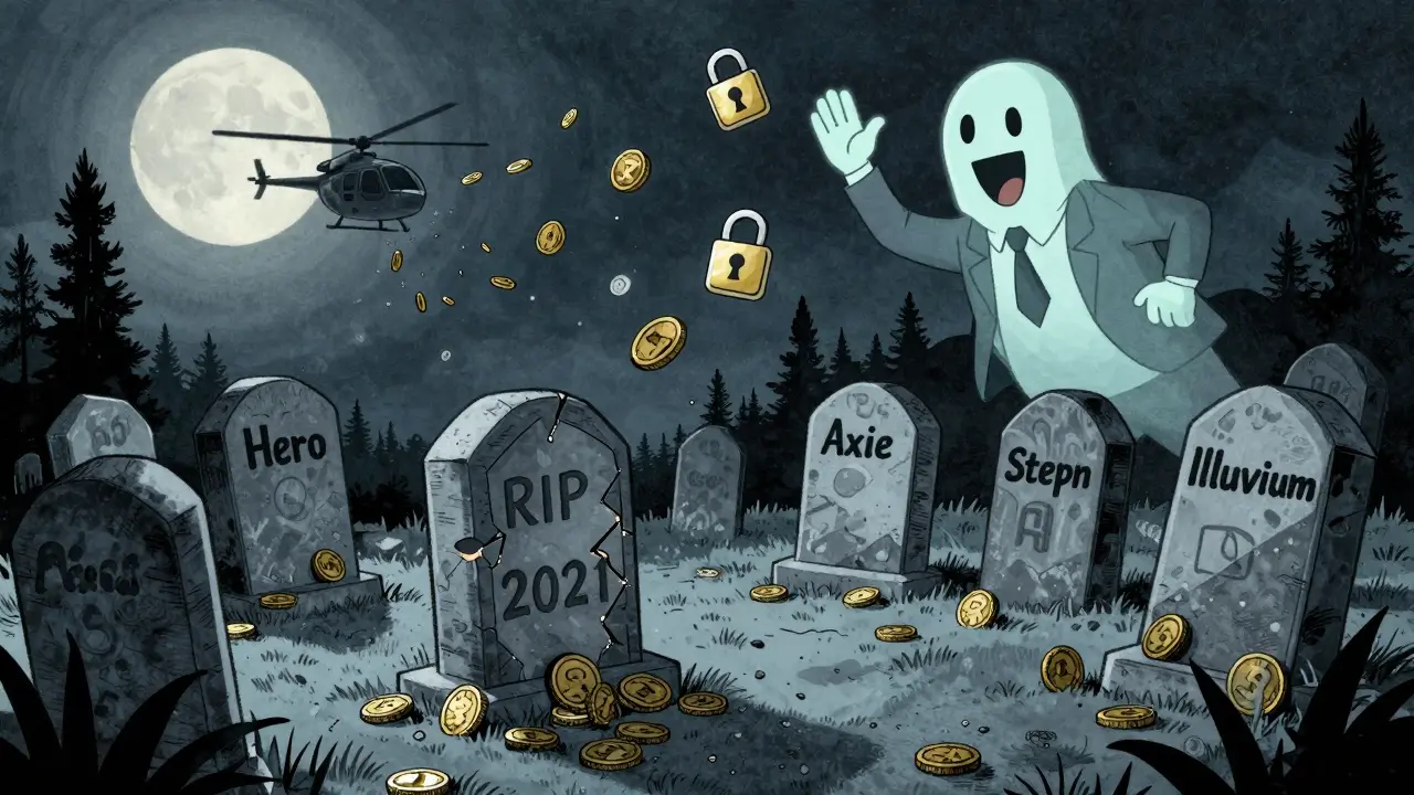 A graveyard of blockchain NFTs with a crumbling Hero Arena tombstone under a moonlit sky.