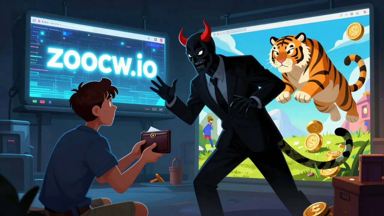 A heroic NFT tiger blocks a snake-tailed scammer as the official ZooCW website glows safely in the background.