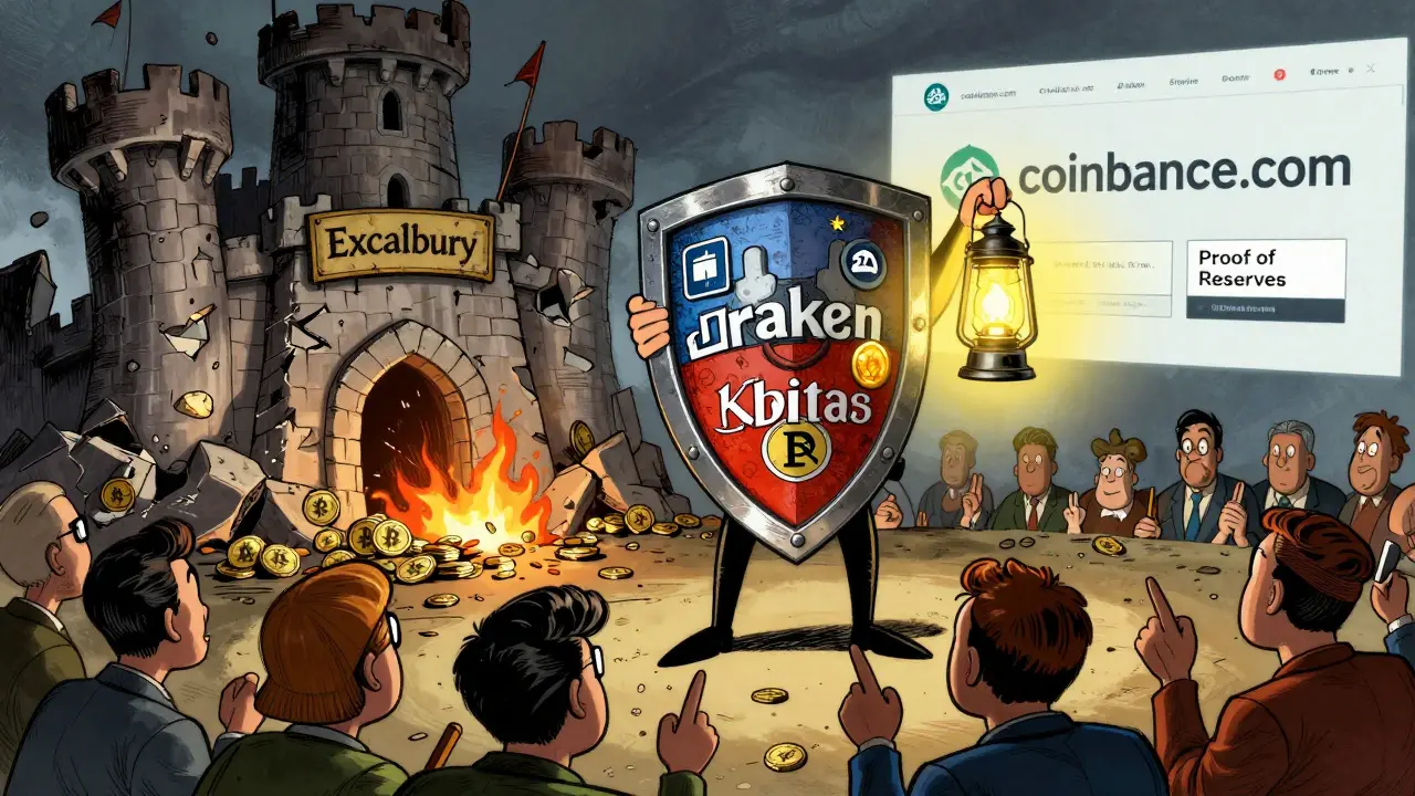 A heroic shield labeled &#039;Kraken&#039; stands against a collapsing castle labeled &#039;Excalibur&#039; as investors cheer.