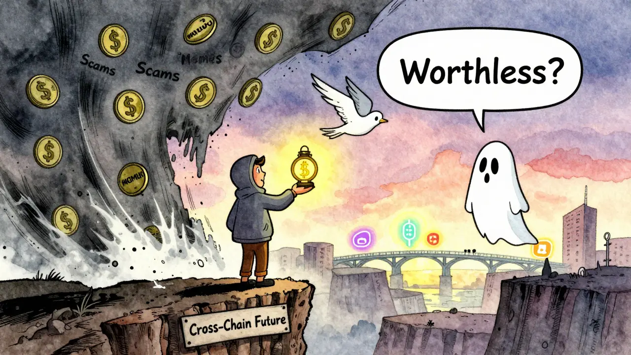 A lone trader holds a glowing token on a cliff as other tokens fall into a stormy abyss below.
