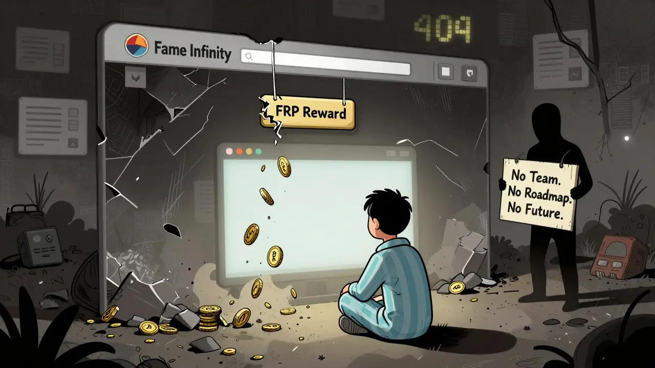 A lonely user watching FRP tokens turn to dust as a broken Fame Infinity website crumbles in a digital wasteland.
