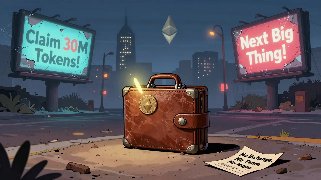 A lonely wallet sits on a deserted street with a faintly glowing OKFLY token inside.