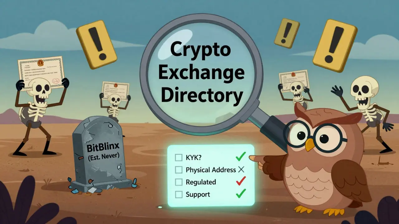 A magnifying glass reveals a lone tombstone for &#039;BitBlinx&#039; in a barren directory, surrounded by warning signs.