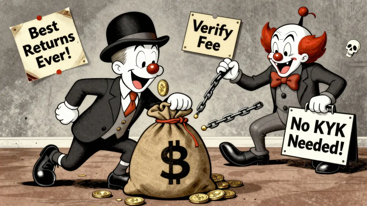 A naive investor depositing crypto into a monster&#039;s mouth while a clown pulls levers to lock his funds.