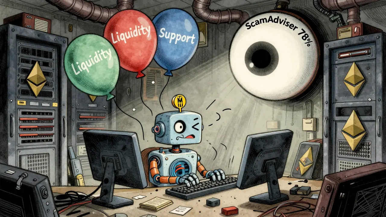 A robot with a MIMO token head surrounded by deflating balloons in a dusty server room.