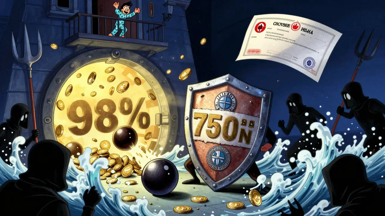 A secure vault releases coins while a giant insurance shield protects against hacker shadows.
