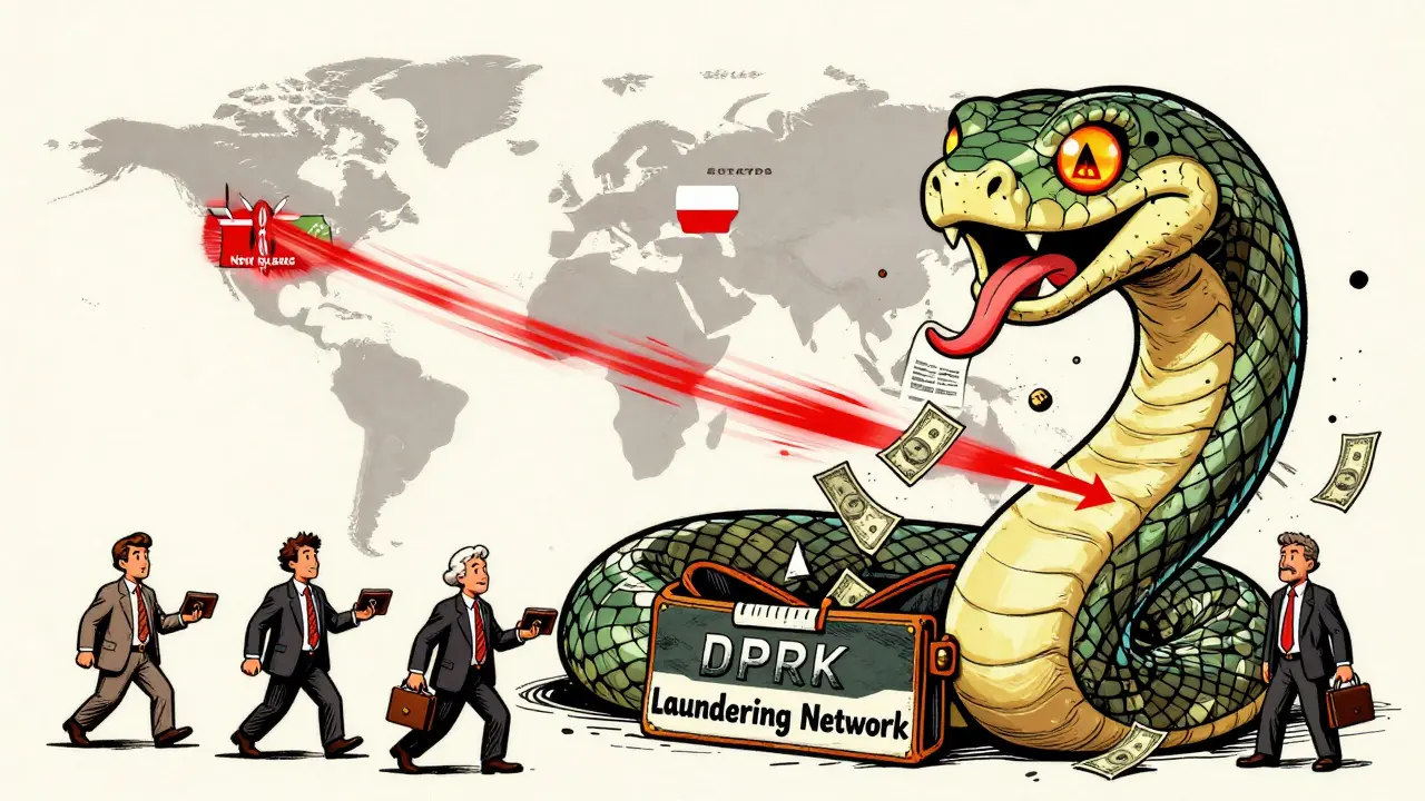 A serpent made of blockchain trails swallows crypto payments from global startups, with a deepfake face as its head in vintage cartoon style.