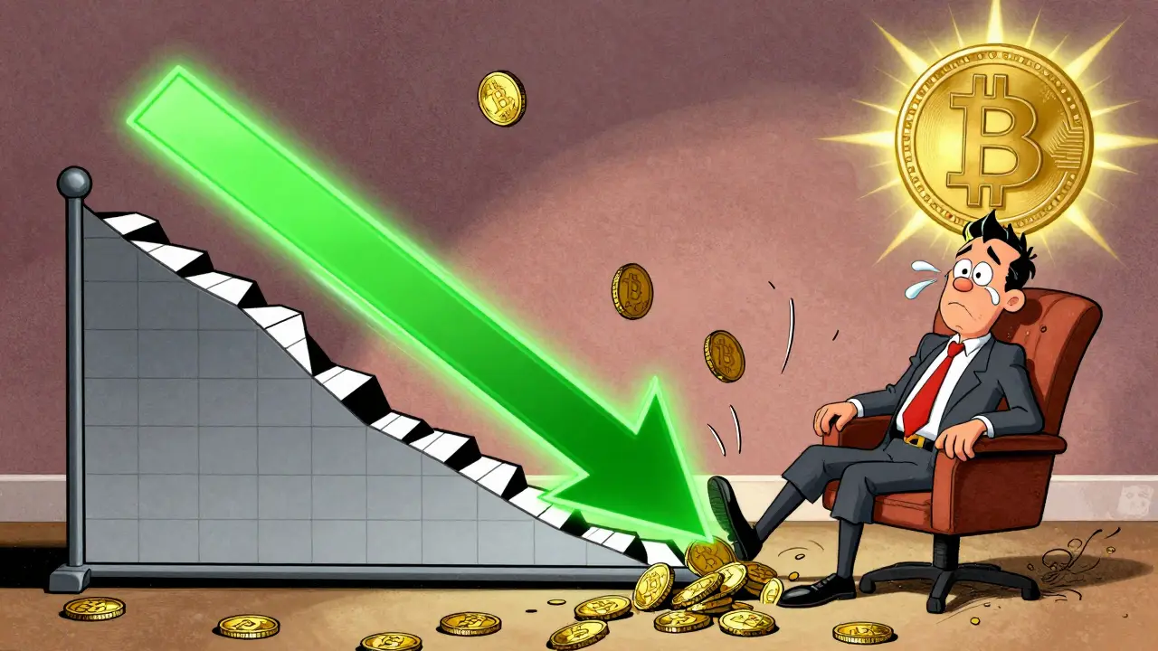 A stop-loss arrow saving Bitcoin from crashing on a wobbly chart in cartoon style.