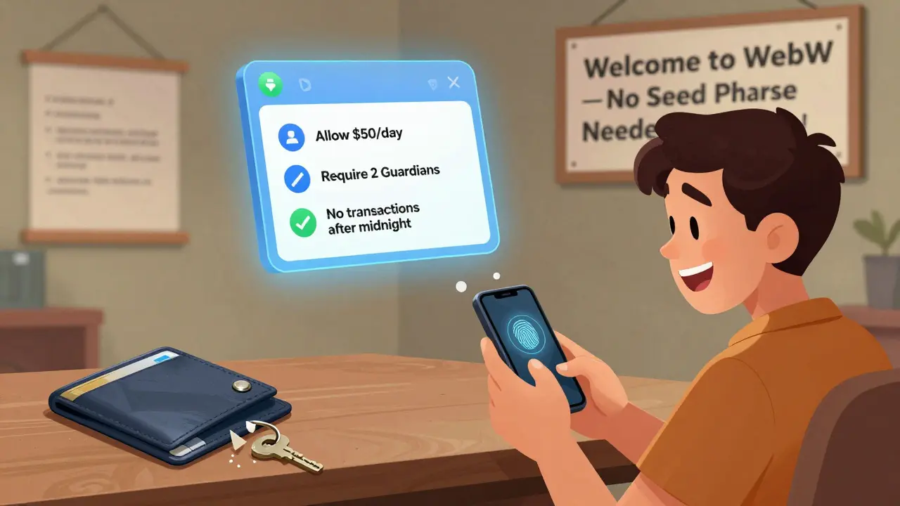 A teen unlocks a crypto wallet with a fingerprint while parental controls and rules float above.