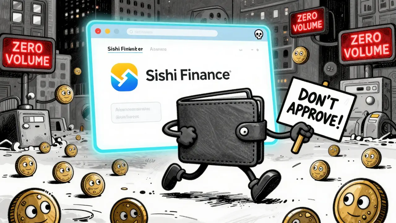 A terrified wallet flees from grinning SISHI tokens toward a phishing portal with a skull logo.