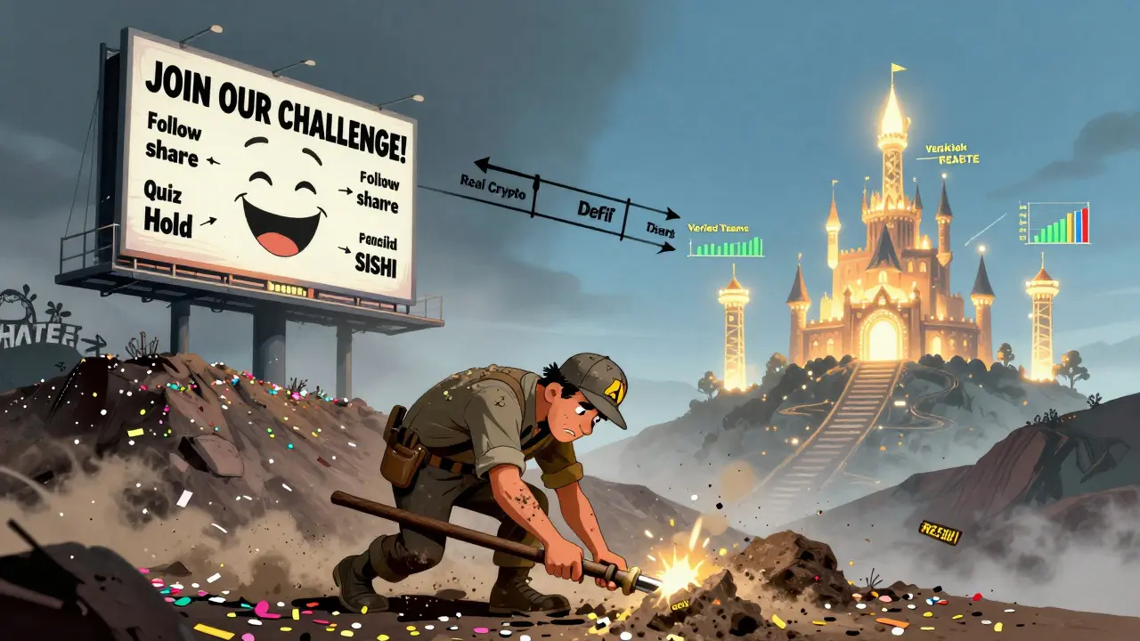 A tired miner digs through digital confetti while a glowing real crypto castle shines in the distance.