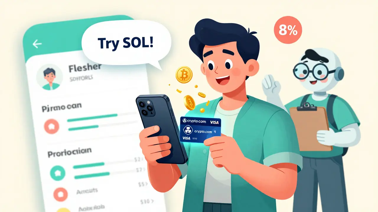 A user buying Bitcoin with a Crypto.com card that emits animated coins, guided by a friendly AI assistant.