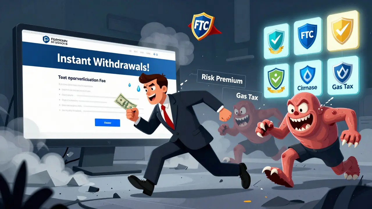 A victim is chased by monstrous fees as a fake crypto site collapses, while legitimate exchanges shine in the distance.