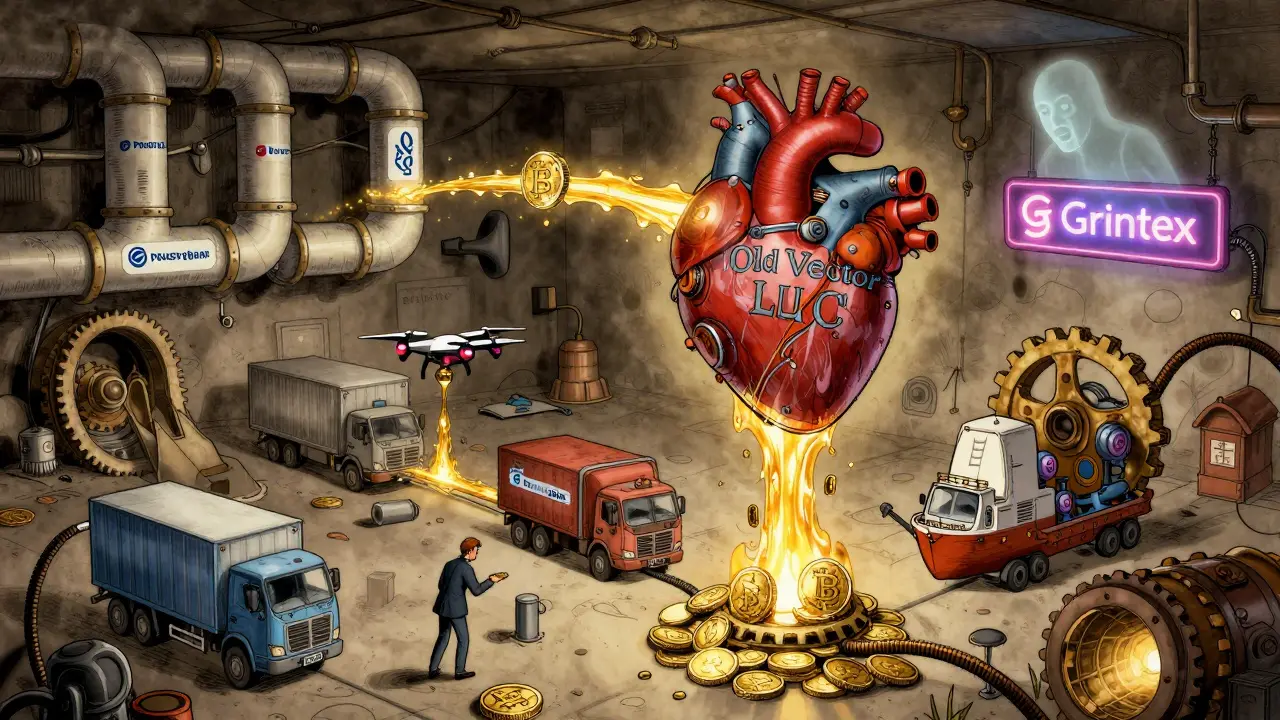 A7A5 stablecoins flowing through bank pipes to a mechanical heart, powering underground trade.