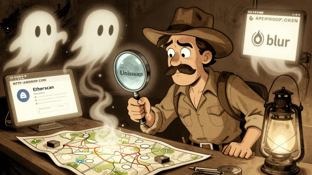 An explorer verifies a real blockchain contract while fake airdrop sites vanish around him.