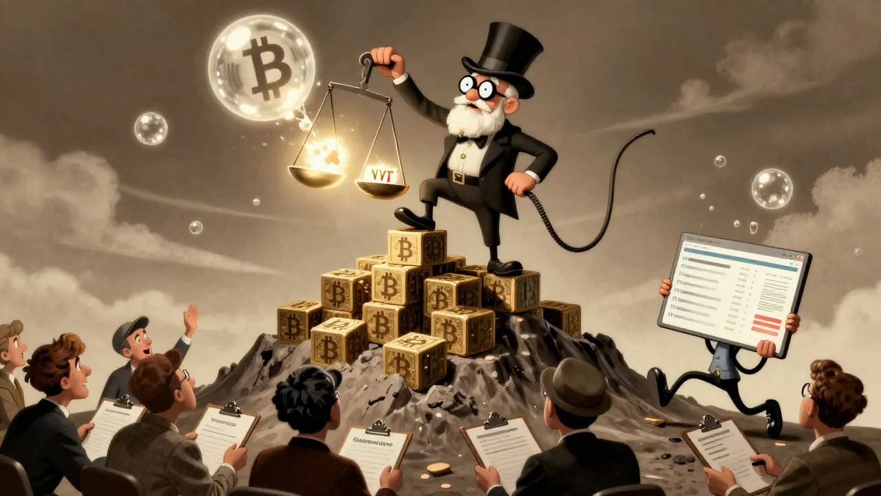 An old miner holds a tipping NVT scale as a market bubble bursts, with traders scrambling below in vintage cartoon style.