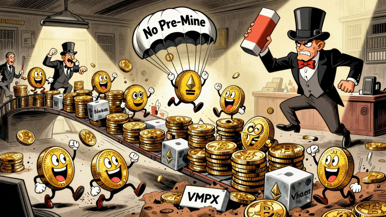 Anthropomorphic crypto tokens scramble across a wobbly bridge amid chaos, with one token escaping to safety.