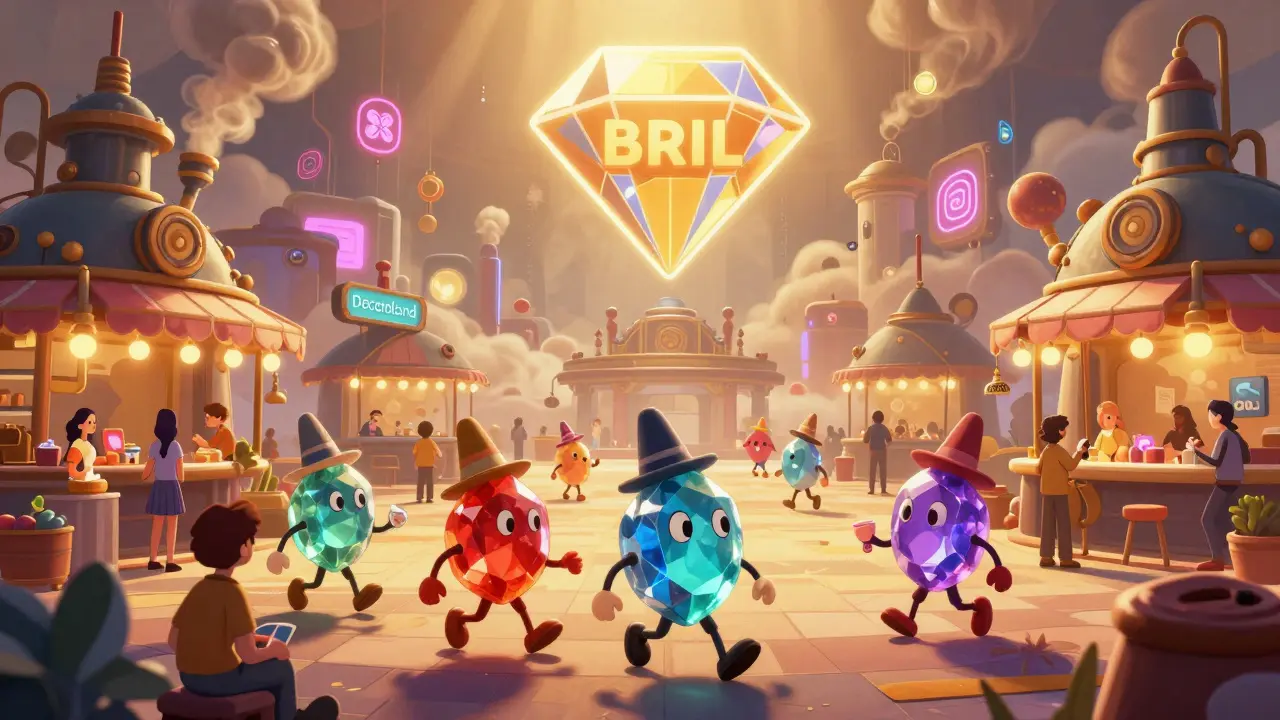 Anthropomorphic gemstone NFTs trading in a vibrant metaverse marketplace under a giant BRIL token tower.