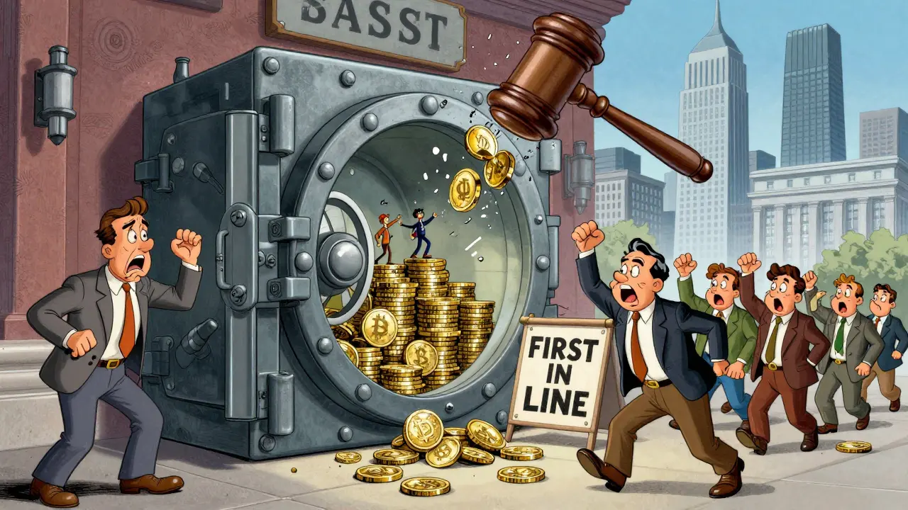 Bank vault opens to reveal stablecoins with people standing on top, while bondholders watch in shock as holders march past with a 'First in Line' sign.