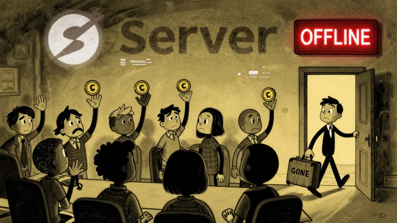 Cartoon players celebrating tokens as their Discord server fades to static and one leaves in despair.