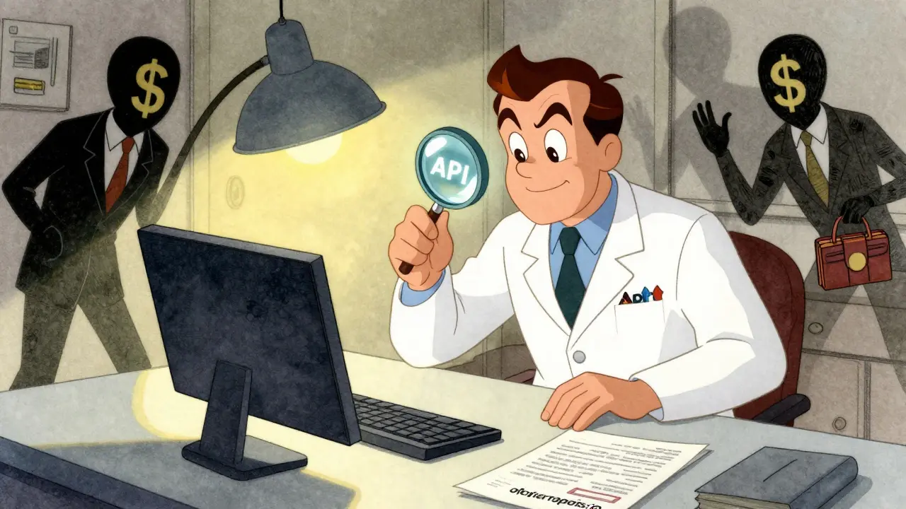 Developer examining a real API token while scam figures flee in vintage animation style.