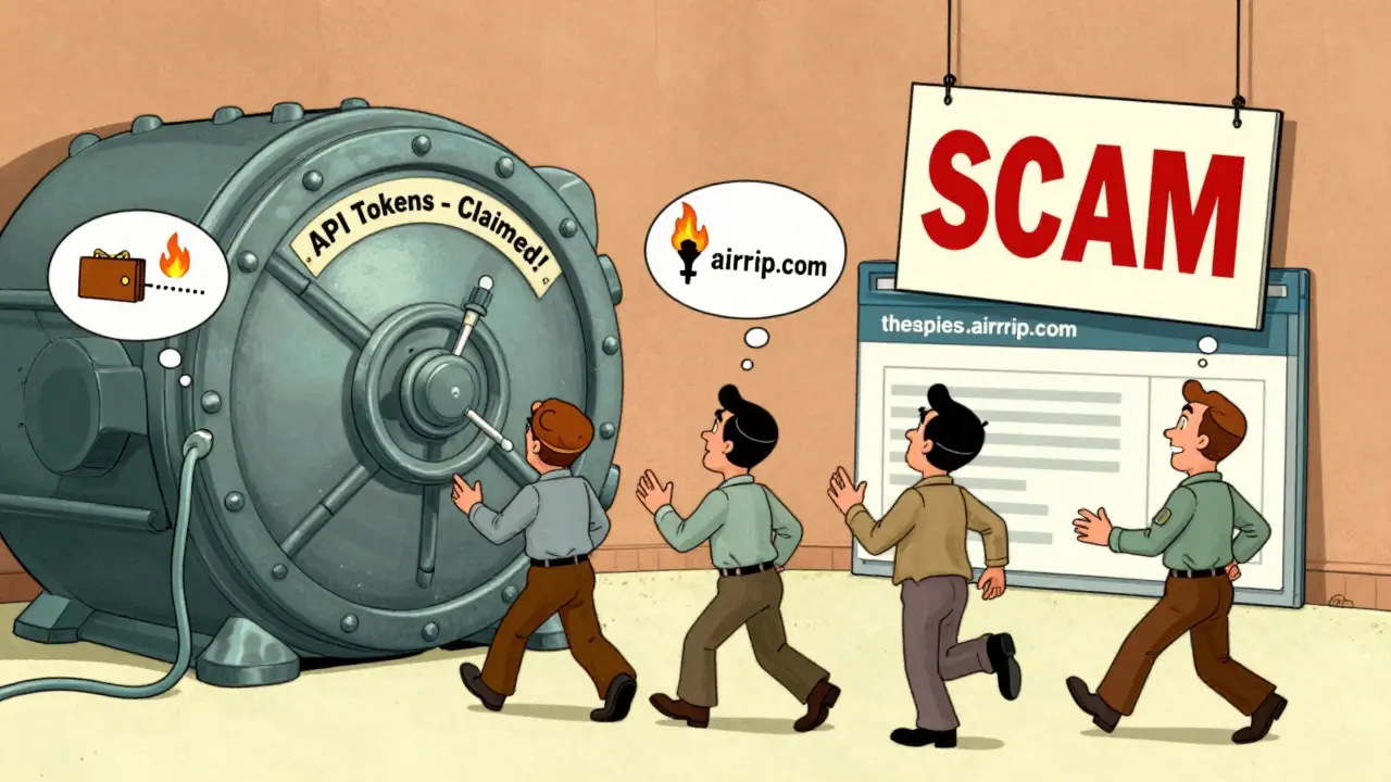 Developers approaching a closed token vault as a scam website looms behind them.