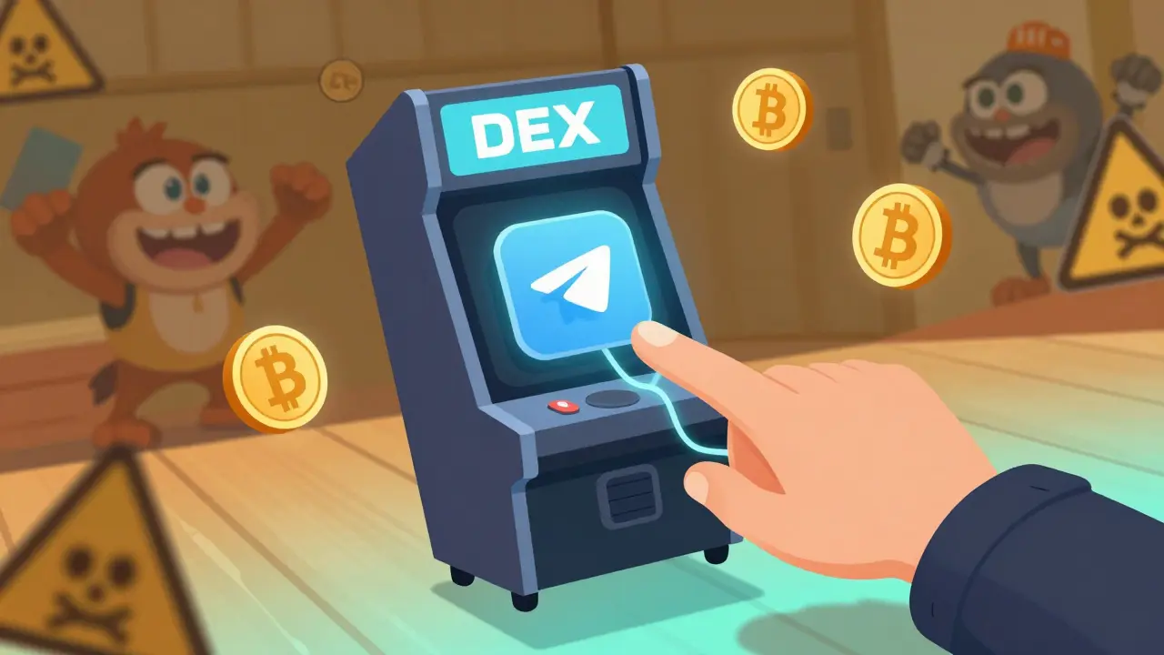 Floating DEX interface connected to a Telegram wallet, surrounded by warning symbols and USDT coins, in classic Fleischer animation style.