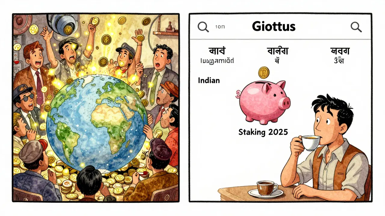 Giottus’s simple Indian interface compared to a chaotic global exchange, with cultural language labels.
