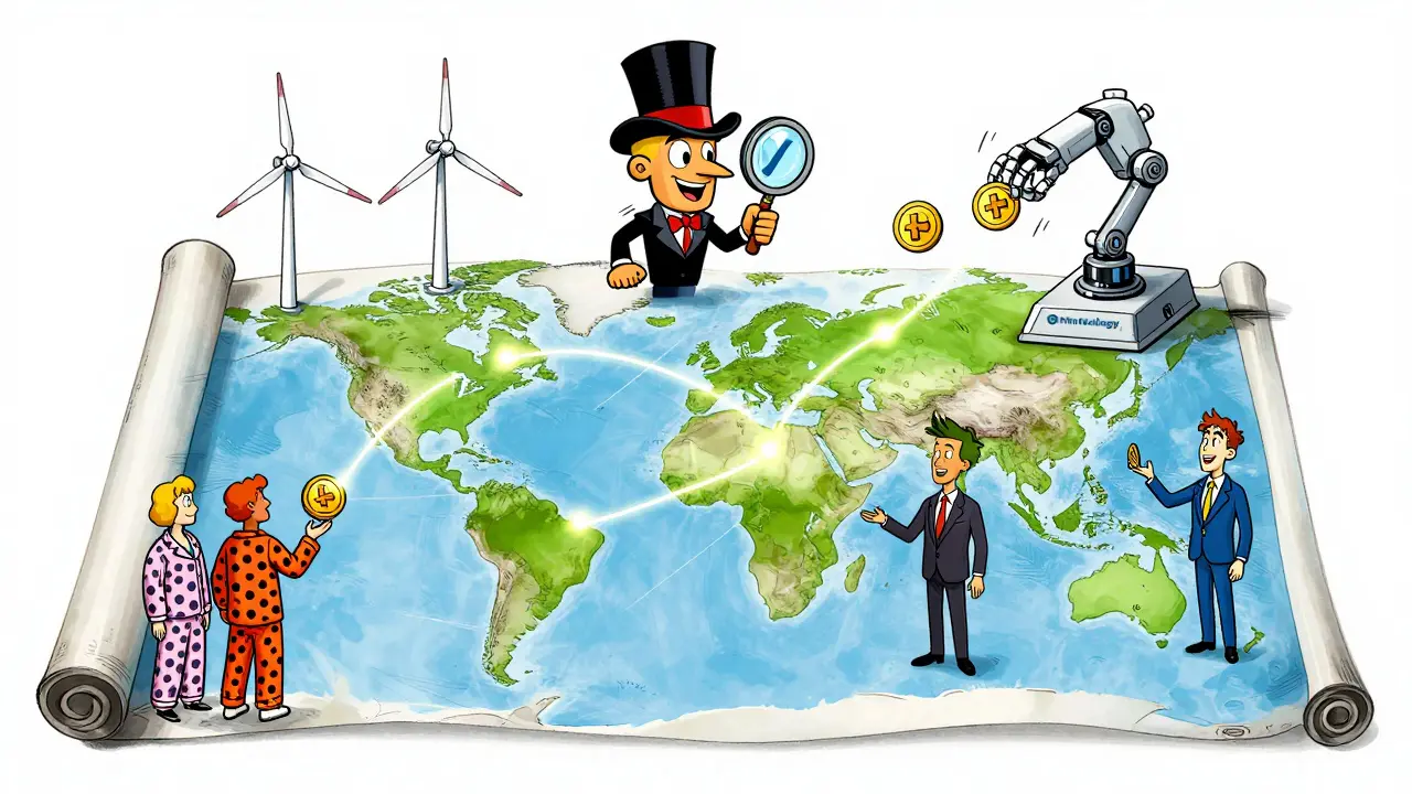 Global tokens flying between countries on a map, connected by blockchain lines in Fleischer Studios animation style.