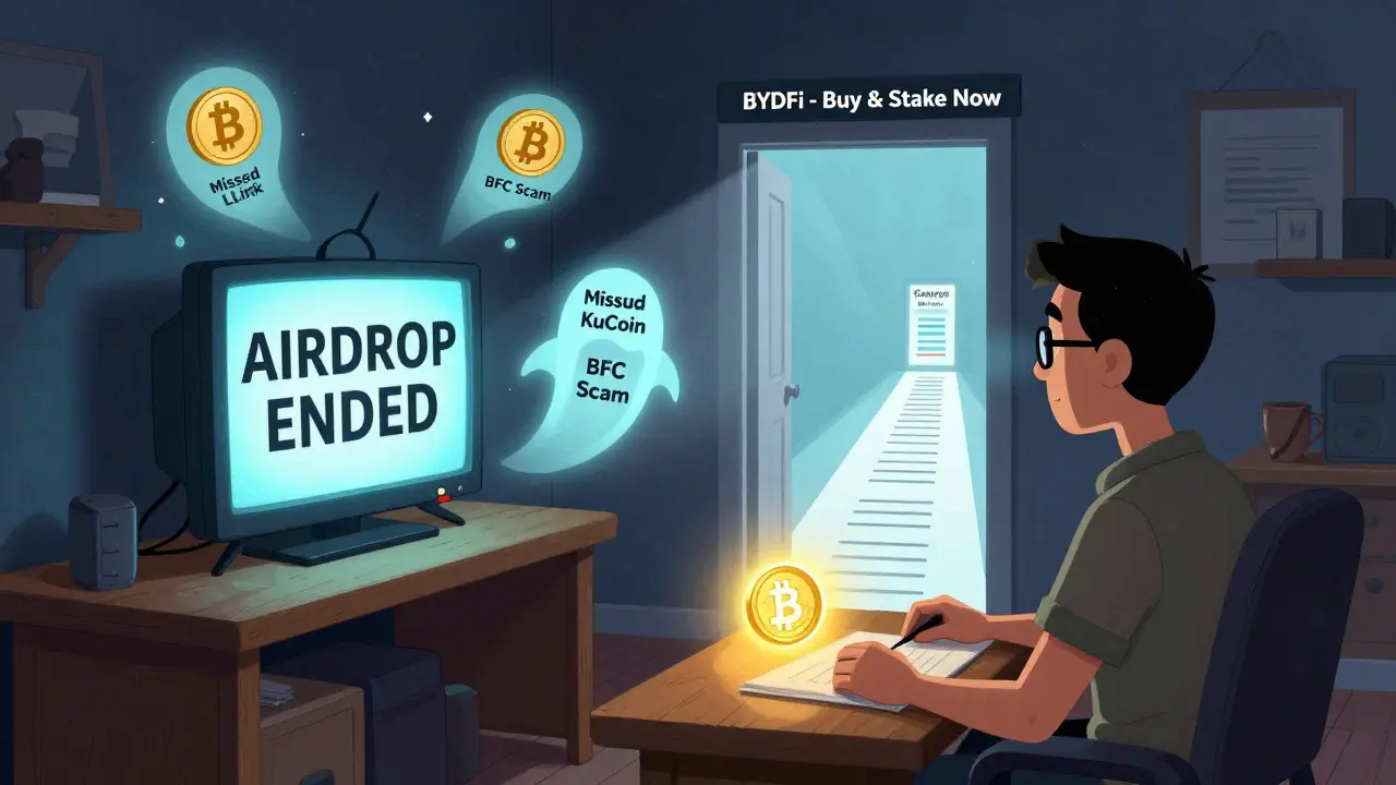 Lonely user facing &#039;AIRDROP ENDED&#039; screen, ghostly missed tokens float around as a glowing door leads to BYDFi and governance.