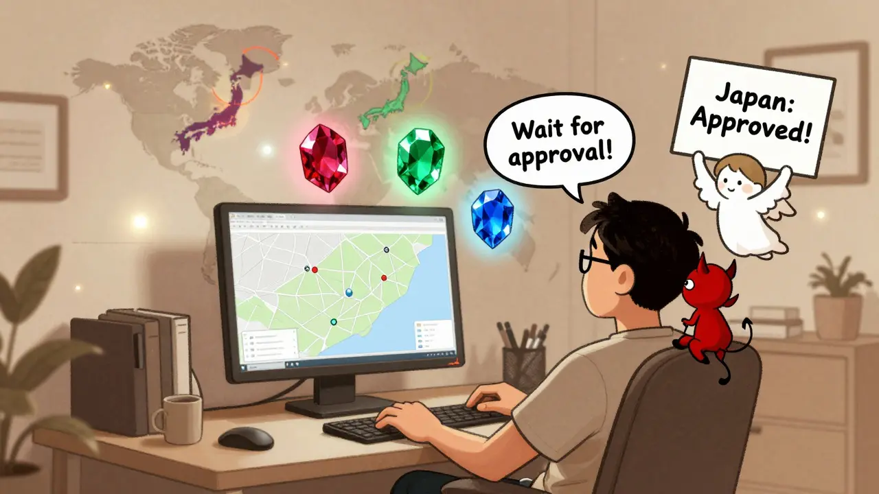 Player in home office with floating gemstones and regulatory approval map showing Japan, U.S., and South Korea.