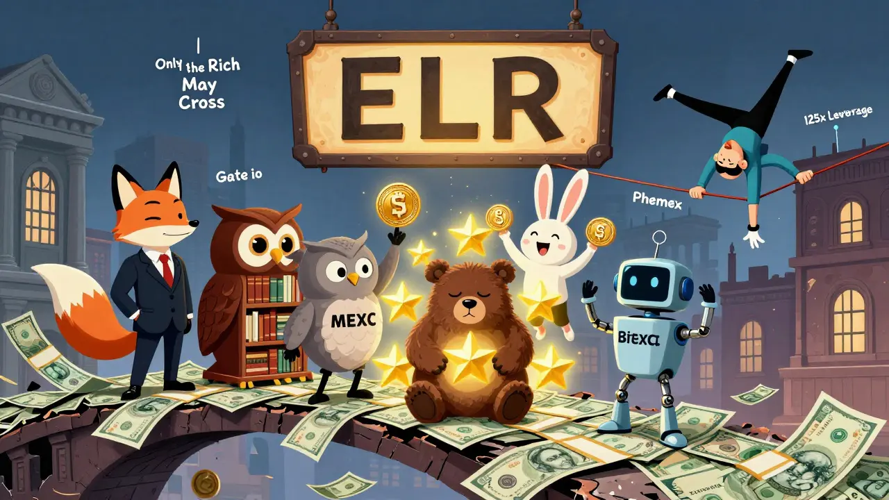 Six cartoon exchanges on a ruble bridge, with a sign saying 'Only the Rich May Cross'.